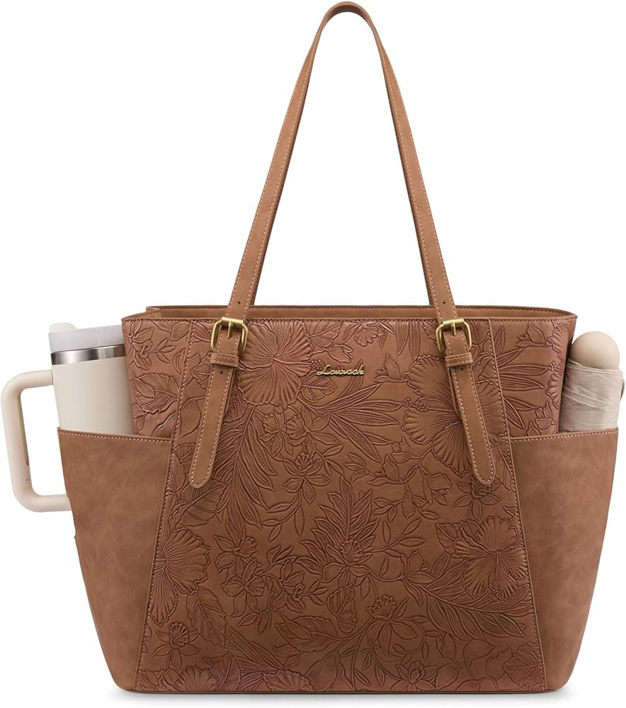 LOVEVOOK Laptop Tote Bag for Women With Large Cup Holder, Leather Work Tote Bag for Women,15.6 In... | Amazon (US)