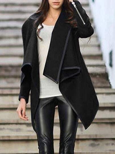 Turtleneck Zipper Asymmetrical Black Coat | SHEIN