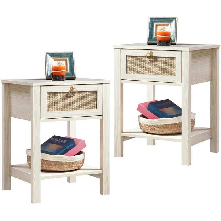 Boowill Rattan Nightstand Set of 2, Boho Side Table with with Drawer and Storage Shelf, Mid-Centu... | Walmart (US)