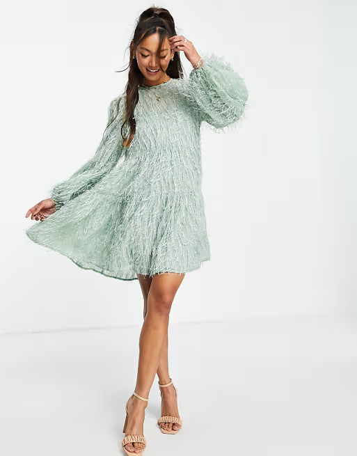 ASOS DESIGN tiered mini dress in fluffy texture in sage green | ASOS (Global)