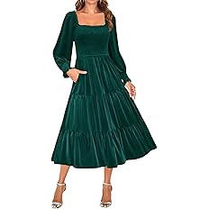 ZESICA Women's Velvet Long Sleeve Dresses 2025 Winter Square Neck Smocked Ruffle A Line Flowy Coc... | Amazon (US)
