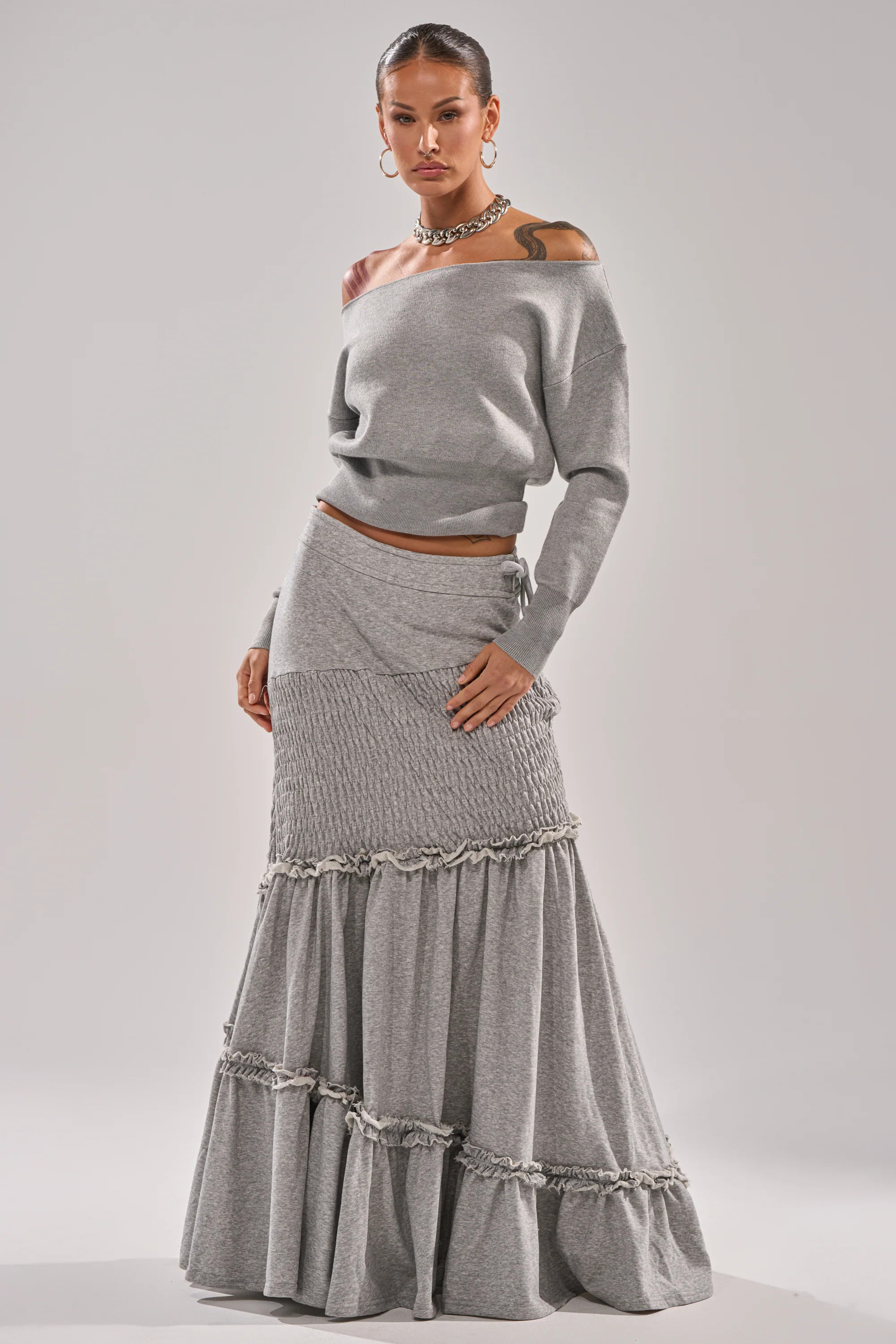 IT ONLY GETS BETTER RUCHED MAXI SKIRT IN HEATHER GREY | AKIRA