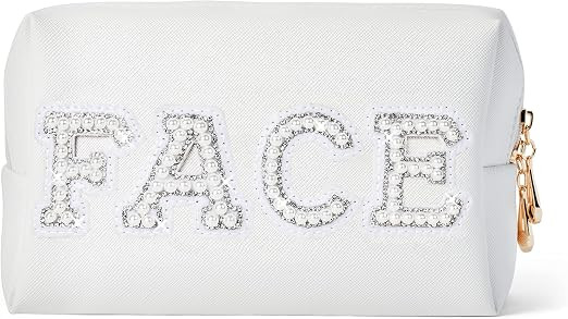 Burskit Patch Small Varsity Pearl White Letter Cosmetic Toiletry Bag PU Leather Portable Makeup B... | Amazon (US)