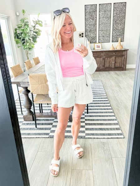 Travel outfit white terry shorts and a matching hoodie. Size small. Medium in the tank top which runs small. White Birkenstock run true to si3  

#LTKtravel #LTKfindsunder50 #LTKSeasonal