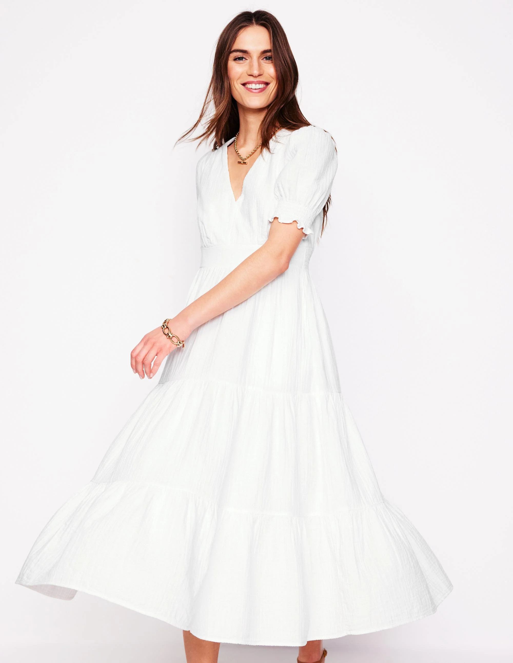 Anna Double Cloth Midi Dress-White | Boden UK