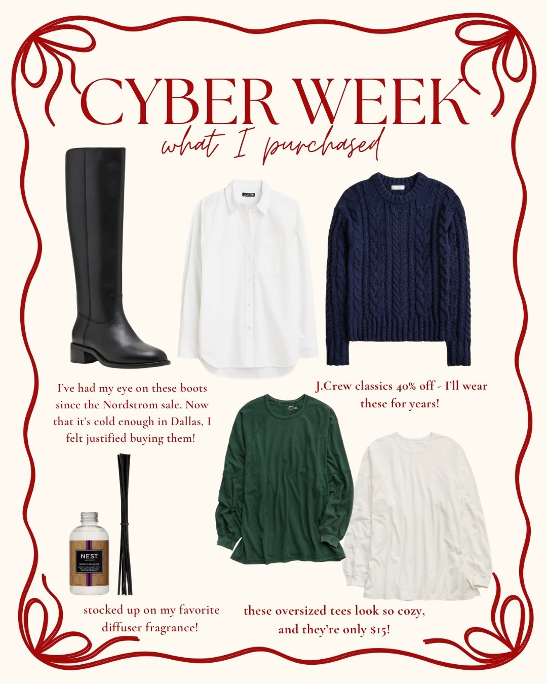 What I’ve purchased from cyber week so far, for myself! I’ve been eyeing these Blondo boots for months, and finally decided to order since they’re on sale! The J. Crew cable knit sweater is so good, I wanted it in navy for a coastal look. The tees from aerie look so cozy to lounge in, and are only $15! 

#LTKCyberWeek #LTKHoliday #LTKselfcare