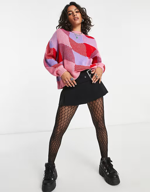 ASOS DESIGN Petite chunky crew neck sweater in abstract plaid in pink and red | ASOS (Global)