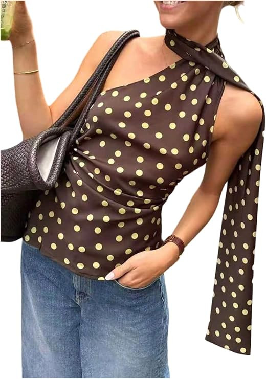 MakeMeChic Women's Polka Dots One Shoulder Tank Tops Sleeveless Fitted Y2K Summer Top with Scarf | Amazon (US)