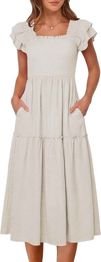 Caracilia Womens Summer Maxi Dress 2026 Casual Ruffle Short Sleeve Square Neck Smocked Flowy Sund... | Amazon (US)