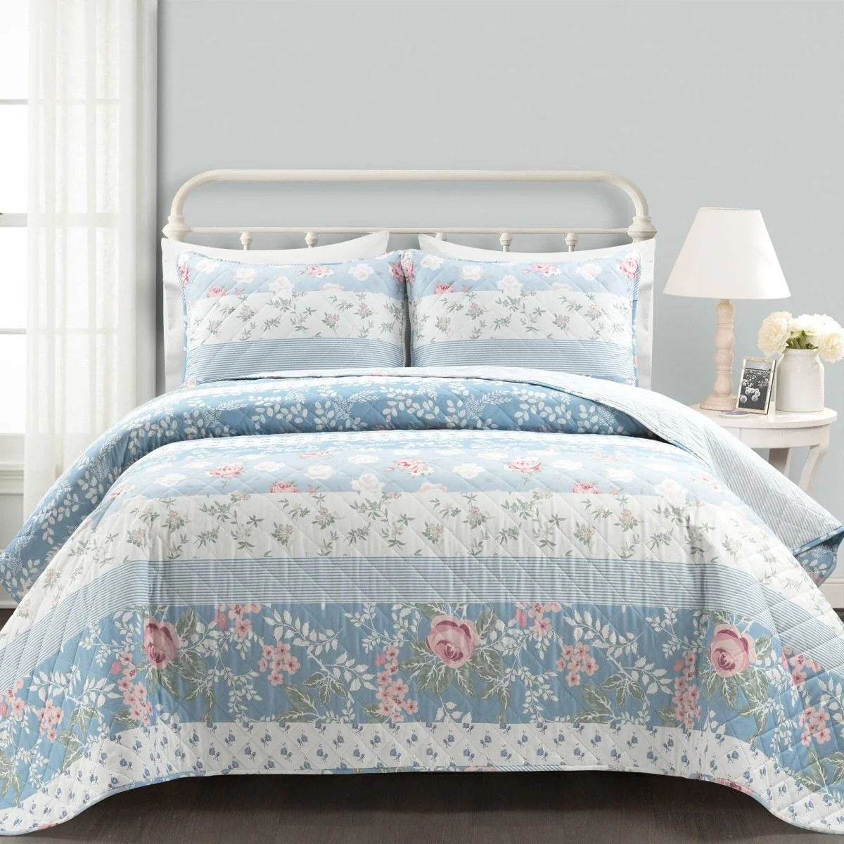 Cottagecore Flower Stripe Cotton Quilt 3 Piece Set | Lush Decor