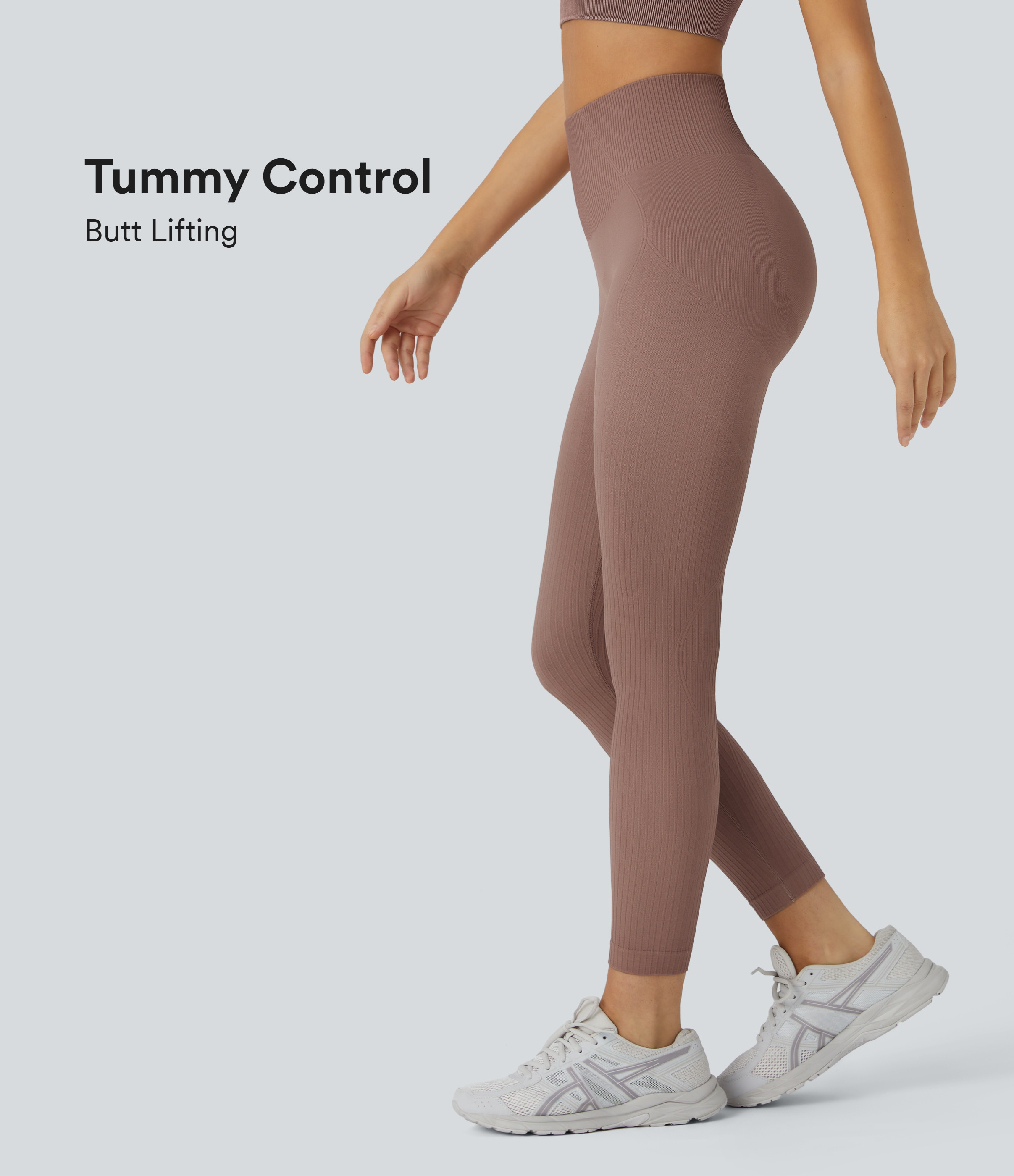 Halara Skin Friendly Soft Seamless Flow Ribbed High Waisted Tummy Control Butt Lifting Training 7/8 Leggings - Mocha Brown - XL(7/8) | HALARA