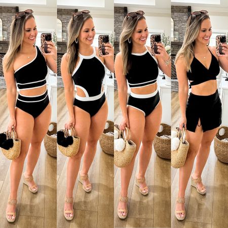 Amazon swimsuits for the win! Love these black and white piping one piece & two piece bathing suits. Wearing size M in all! 

Definitely gives Meredith Blake vibes! 🖤😎💋 Linking my exact amazon sunglasses, Pom Pom rattan purses, scalloped hoop earrings & similar wedged below! 

Vacation looks, spring break finds, Amazon swim finds, Amazon fashion, affordable swimsuits, swim skirt, modest swimwear, mom friendly swimsuits, high neck swim tops, summer style, mom fashion, summer outfits 

#LTKstyletip #LTKswim #LTKSeasonal