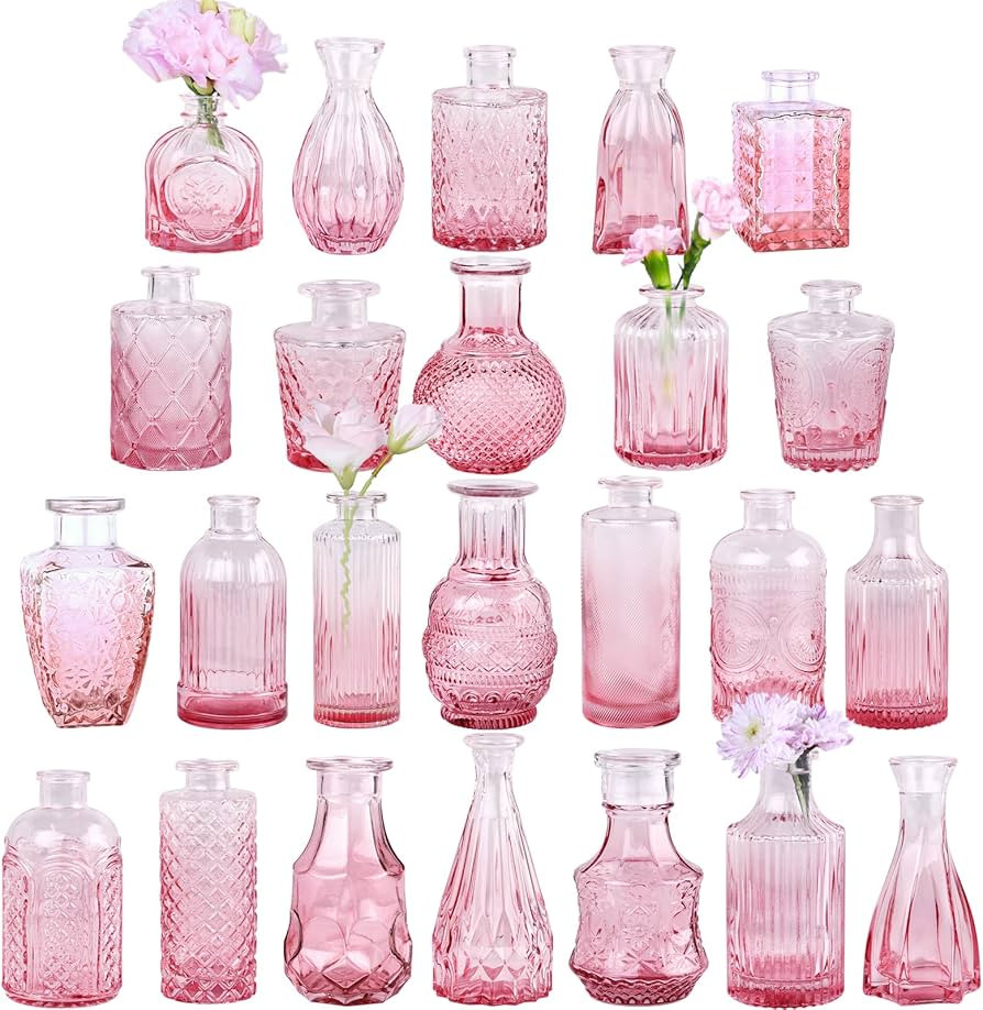 Valentine's Day Pink Glass Bud Vase Set of 24, Small Flower Vases for Centerpieces in Bulk, Mini ... | Amazon (US)