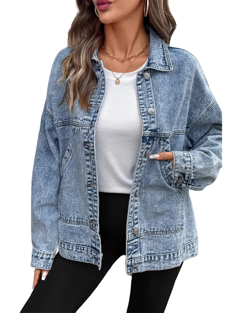 Eytino Womens Jean Jacket Denim Jackets Long Sleeve Oversized Button Down Shirts Drop Shoulder Sh... | Walmart (US)