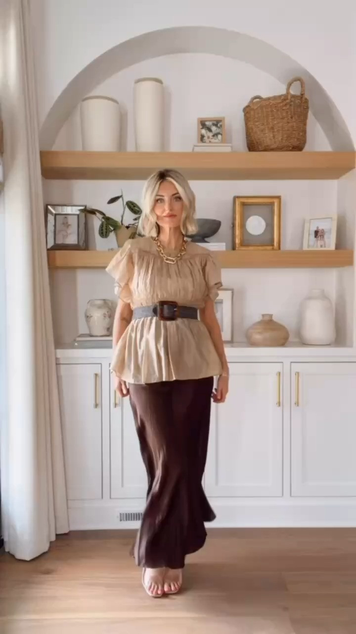 This elevated neutral top! 😍 I added this rattan belt over it and paired it with this brown satin skirt! Love this for a date night or even work! Use code LOVERLY20 at checkout for 20% off, wearing S in both! This is also very bump friendly.

Loverly grey, anthropologie sale, how to style brown silk satin skirt, raffia belt, neutral feminine blouse capsule spring summer 

 #LTKSeasonal #LTKSaleAlert #LTKWorkwear
