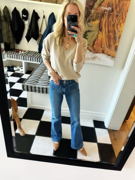 Gretchen just found these new jeans at Gap and is loving the fit. These are a bootcut but not too long as you can wear them with flats or a sneaker! Run tts and good on the booty. She even got a compliment from her hubby! 👀🫶

Linking basic v-neck sweater from Old Navy and flats- also new and Old Navy! 

#LTKover40 #LTKstyletip #LTKworkwear