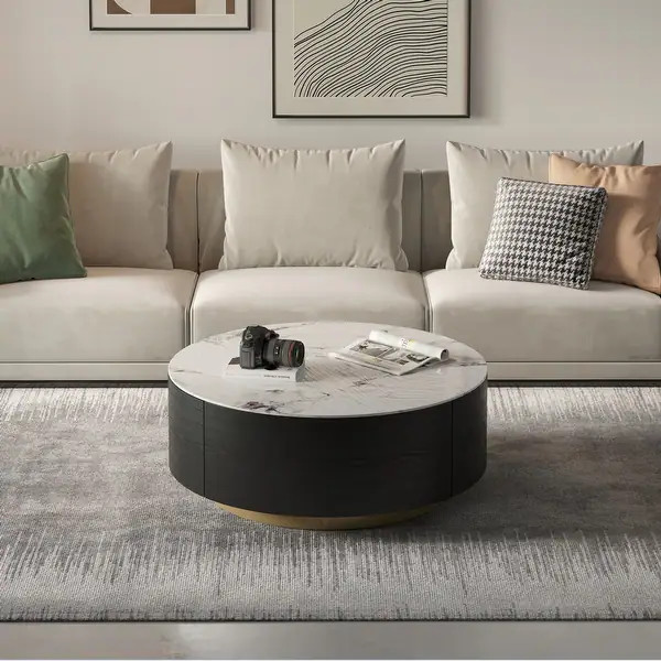 35 Inch Marble Top Round Coffee Table with Metal Base and 2 Drawers - White&Black | Bed Bath & Beyond