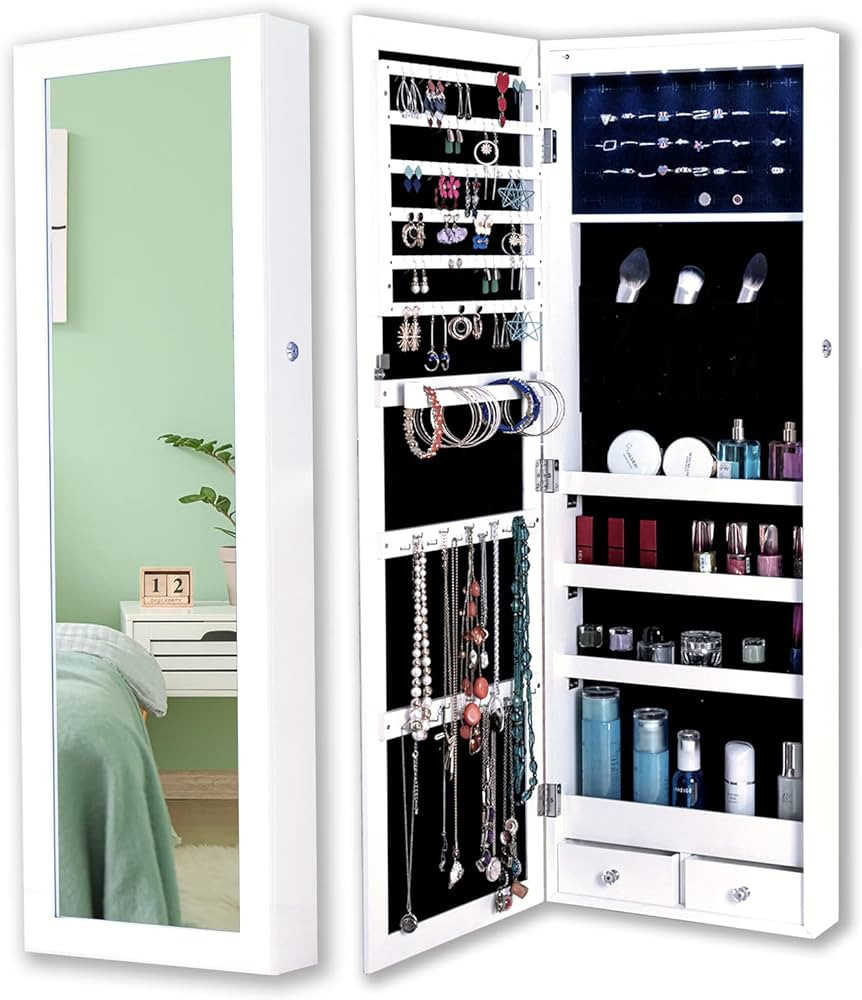 Ntufrest Mirror Jewelry Organizer, Upgraded 6 LED Lights Wall/Door Mounted Jewelry Armoire Cabine... | Amazon (US)