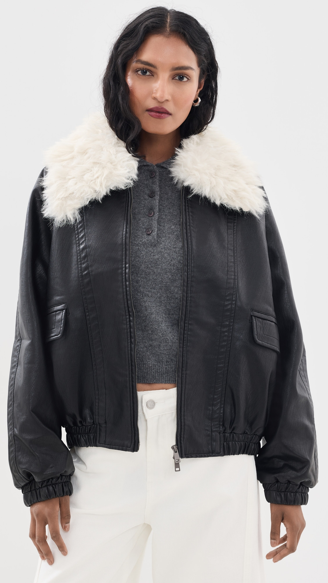 Source Unknown Rioni Faux Fur Collar Bomber Jacket Black XS/S | Shopbop