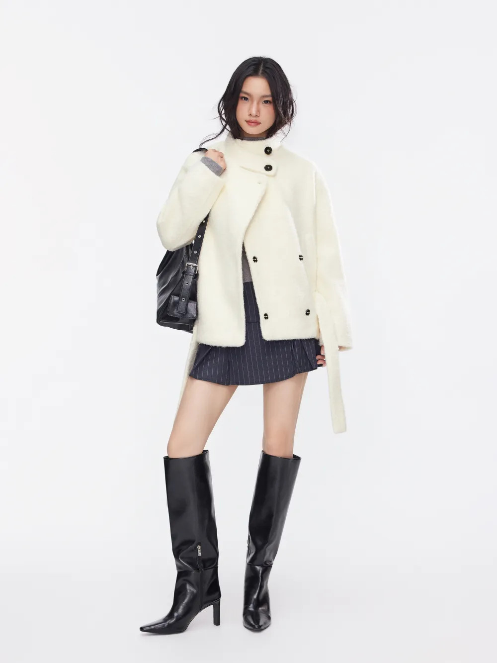 Wool-like fabrics Wool-look Stand Collar Long Sleeve Jacket With Belt For Work | Cider