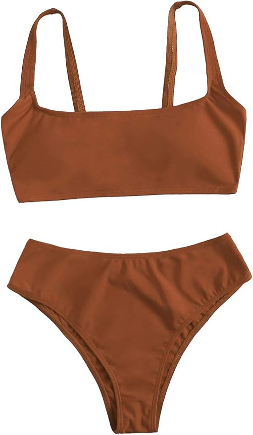 SweatyRocks Women's Swimwear Set Solid Scoop Neck High Waisted Bikini Swimsuits | Amazon (US)