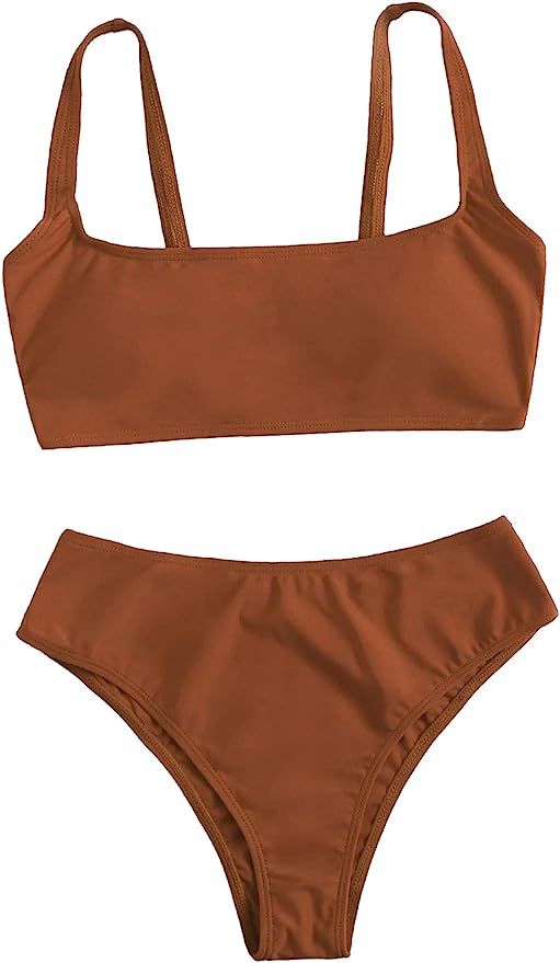 SweatyRocks Women's Swimwear Set Solid Scoop Neck High Waisted Bikini Swimsuits | Amazon (US)