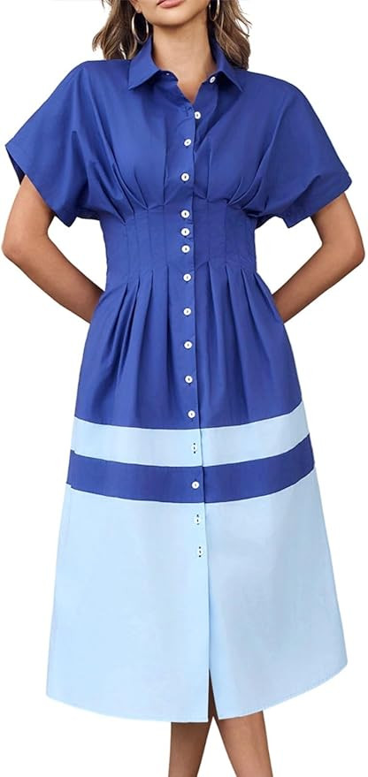 Wenrine Womens Summer Button Down Shirt Dress Casual Color Block V Neck Short Sleeve Corset Maxi ... | Amazon (US)