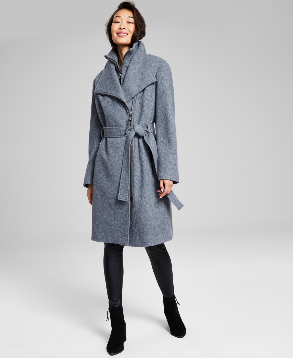 Calvin Klein Womens Wool Blend Belted Wrap Coat, Created for Macys - Medium Grey | Macy's