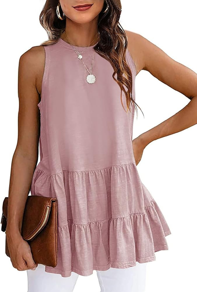 HAEOF Women's Sleeveless Casual Summer Tops Crew Neck Flowy Peplum Loose Fit Shirts Tunic Blouse ... | Amazon (US)