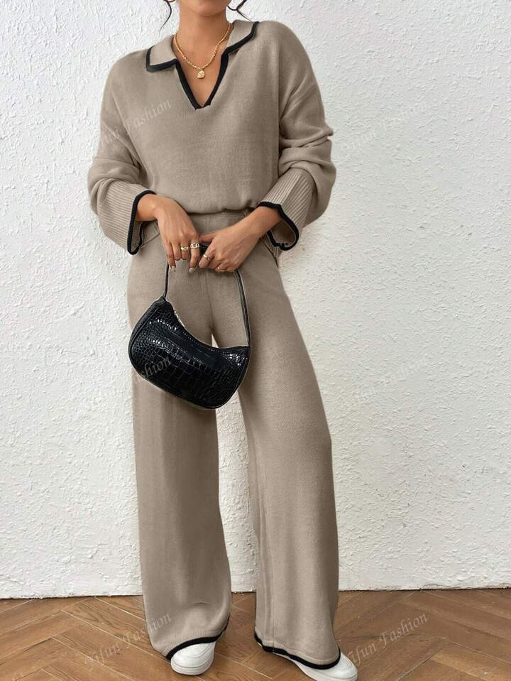 2pcs Spring/Fall Casual Color Block Trim Knitted Sweater Pants Set | SHEIN