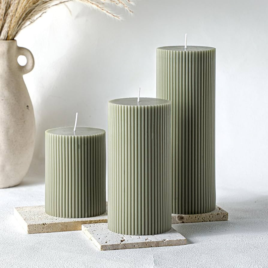 Ribbed Pillar Candles Set of 3, Width 3" High 4" 6" 8" Large Soy Wax Orchids Scented Pillar Candl... | Amazon (US)
