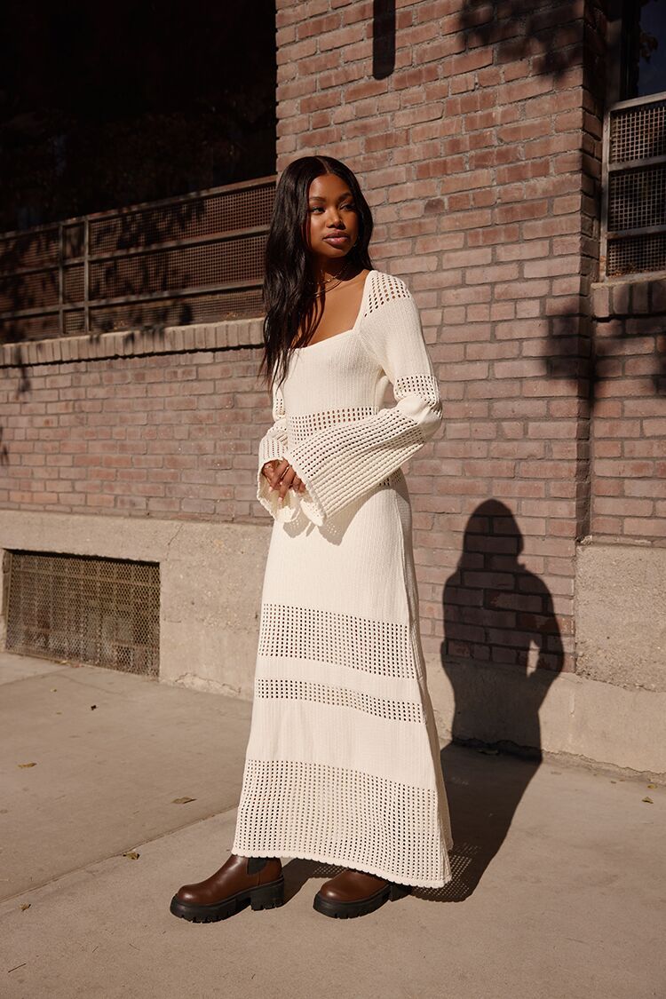 Women's Open-Knit Bell-Sleeve Maxi Dress in Vanilla Small | Forever 21 (US)