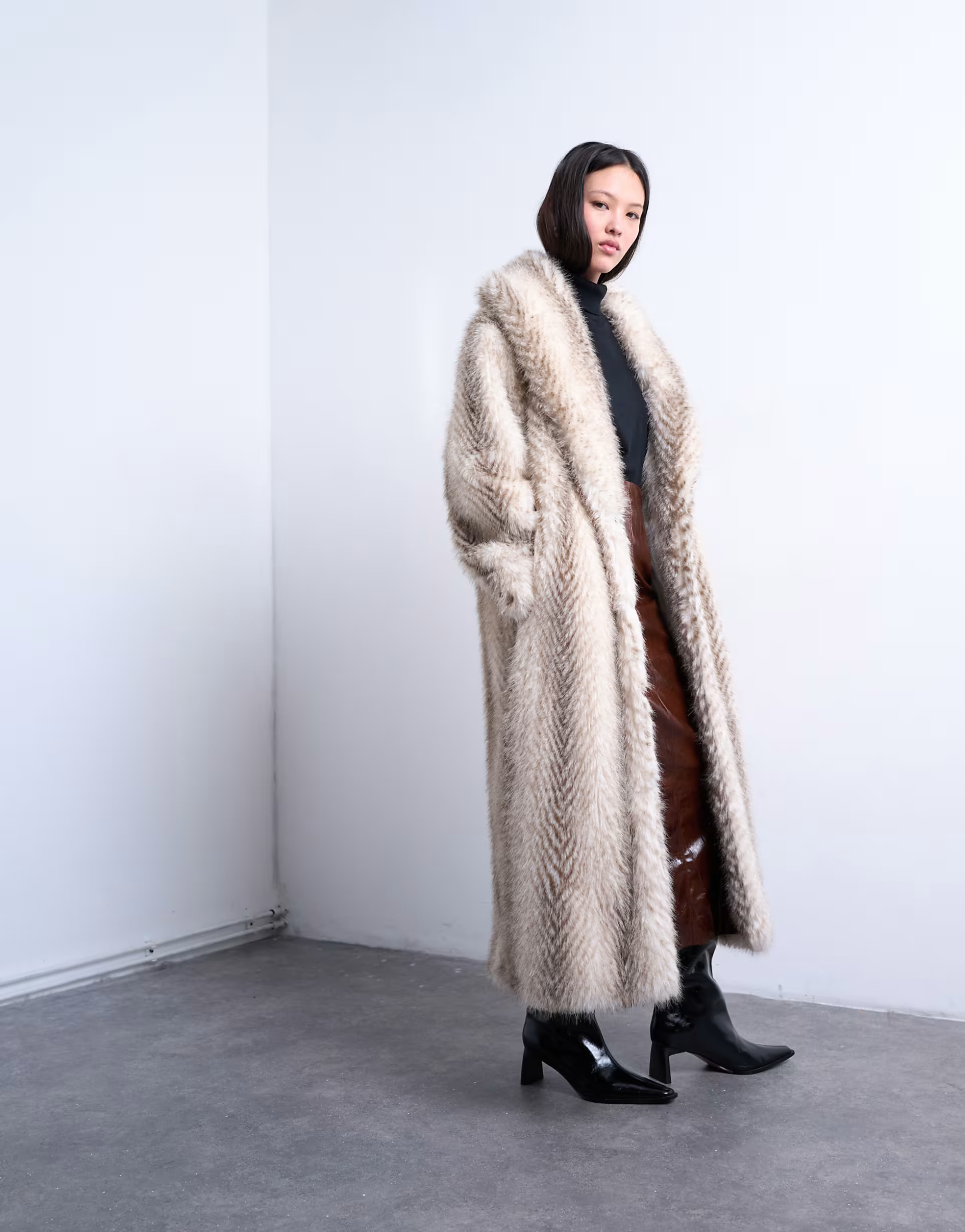 Topshop faux fur shawl longline coat in white stripe | ASOS | ASOS (Global)