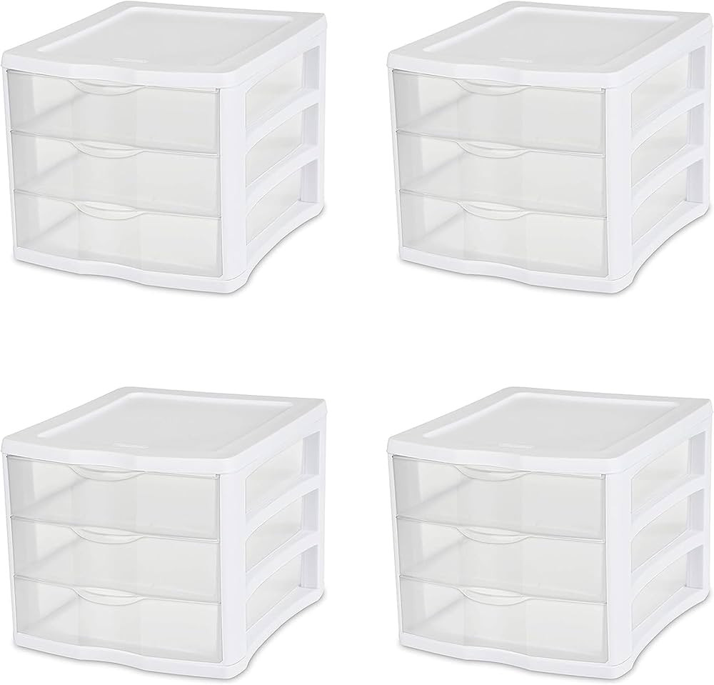 Sterilite 17918004 3 Drawer Unit, White Frame with Clear Drawers, Pack of 4 | Amazon (US)