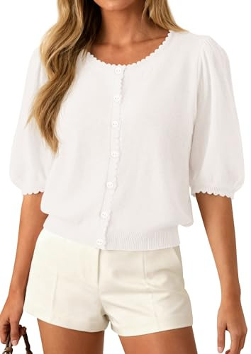 PRETTYGARDEN Puff Short Sleeve Cardigans for Women Lightweight 2026 Summer Shirts Button Up Knit ... | Amazon (US)