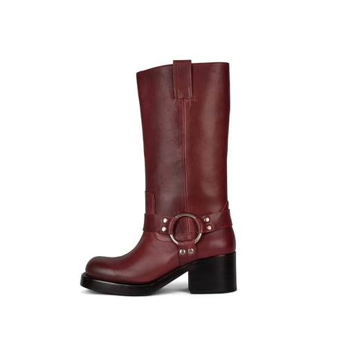 GTBINGGO Women's Knee High Riding Boots Round Toe Block Heel Fashion Motorcycle Booties Side Zipper Biker Riding Boots with Studs Red Size US8.5 | Amazon (US)