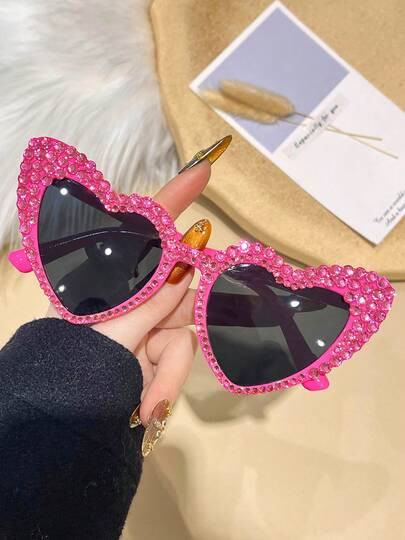 1 Pair Retro Large Frame Rhinestone Heart-Shaped Cat Eye Glasses For Women, Suitable For Summer Beach Bonfire Party, Gifts, Retro Street Style, Driving, Sun Protection, Outdoor Travel, Party, Stage Performance, Accessories, Beach Sun Protection, Valentine's Day, Wedding Bride Outfit, Holiday Outfit, Birthday Party Glasses Accessories | SHEIN