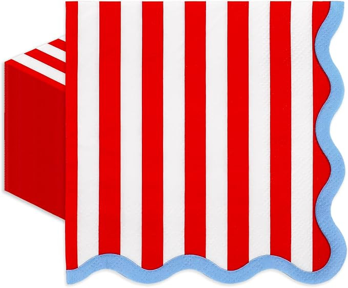 JarThenaAMCS 50 Pcs Scalloped Paper Cocktail Napkins Red White Stripe Blue Trim Disposable Bevera... | Amazon (US)