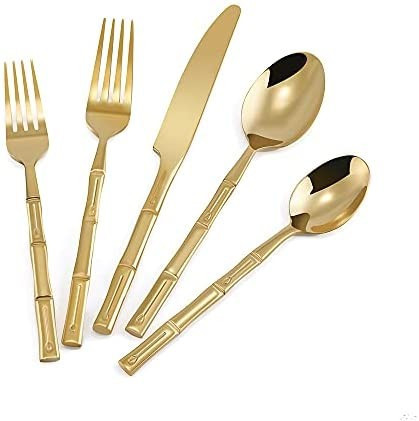 Amazon.com | JINTUO Flatware Set Gold Silverware Set Stainless Steel 20 Pieces Bamboo Handle Shin... | Amazon (US)