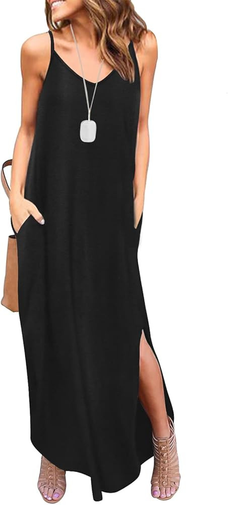 HUSKARY Women's Summer Casual Sleeveless V Neck Strappy Split Loose Dress Beach Cover Up Long Cam... | Amazon (US)