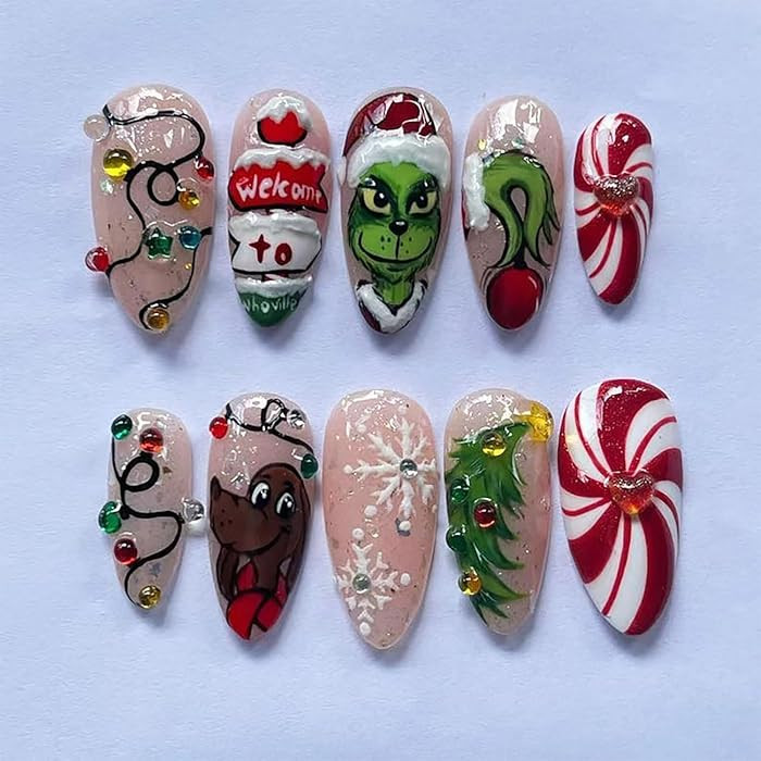 Christmas Press on Nails Almond, Cute Cartoon False Nails Snowflake with Colorful Rhinestone Desi... | Amazon (US)