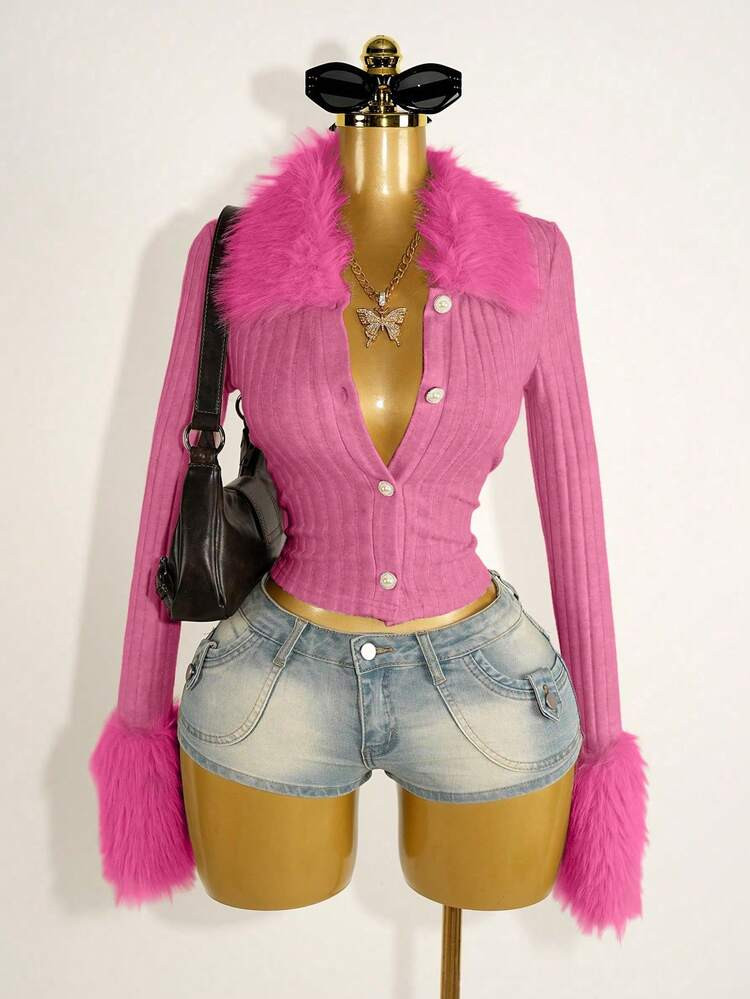 BamGleam Women's Solid Color Front Button Faux Fur Trim Fitted Long Sleeve T-Shirt Pink Y2k Pink Club Outfit Pink Clothes Women Sexy Women Clothes Valentine Pink Cardigan Pink Y2k Top | SHEIN