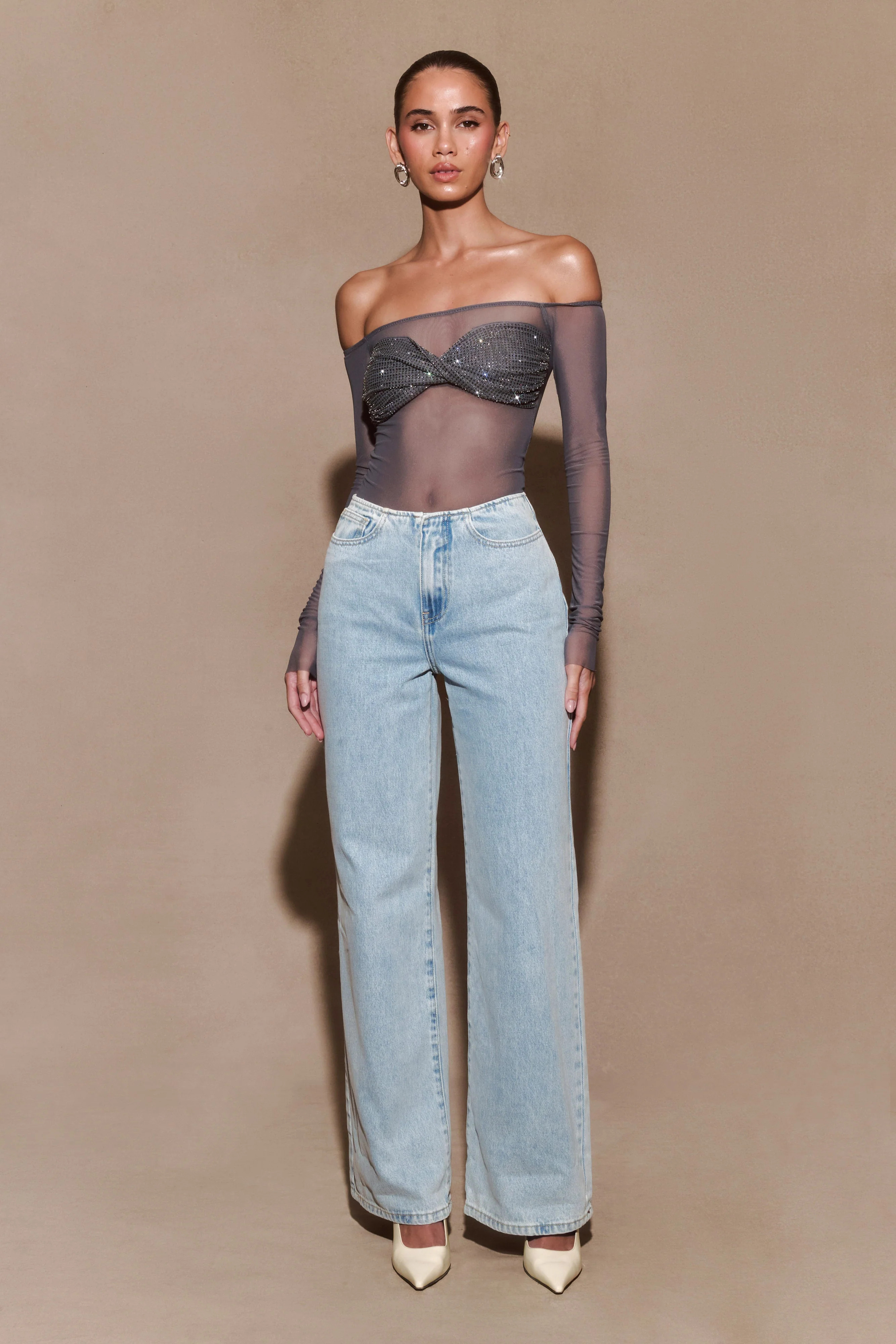 Garcelle Diamante Off Shoulder Top - Gunmetal | MESHKI US