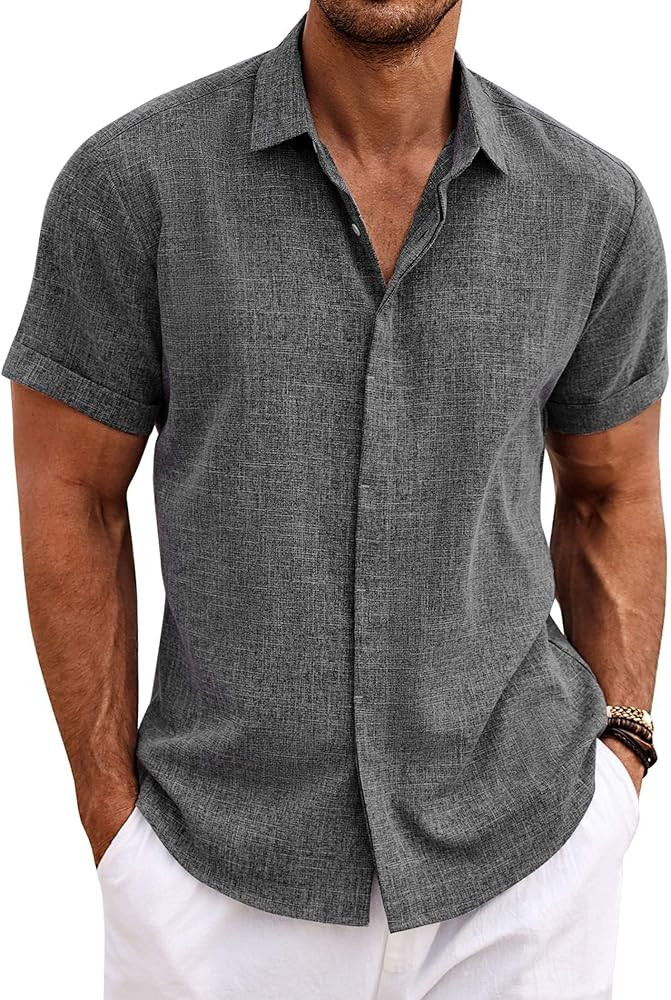 COOFANDY Men's Linen Shirts Short Sleeve Casual Shirts Button Down Shirt for Men Beach Summer Wed... | Amazon (US)
