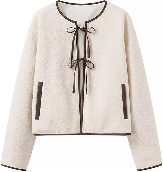 FindThy Women’s Bow Tie Front Cardigan Stylish Crewneck Long Sleeve Fuzzy Faux Fur Teddy Jacket... | Amazon (US)