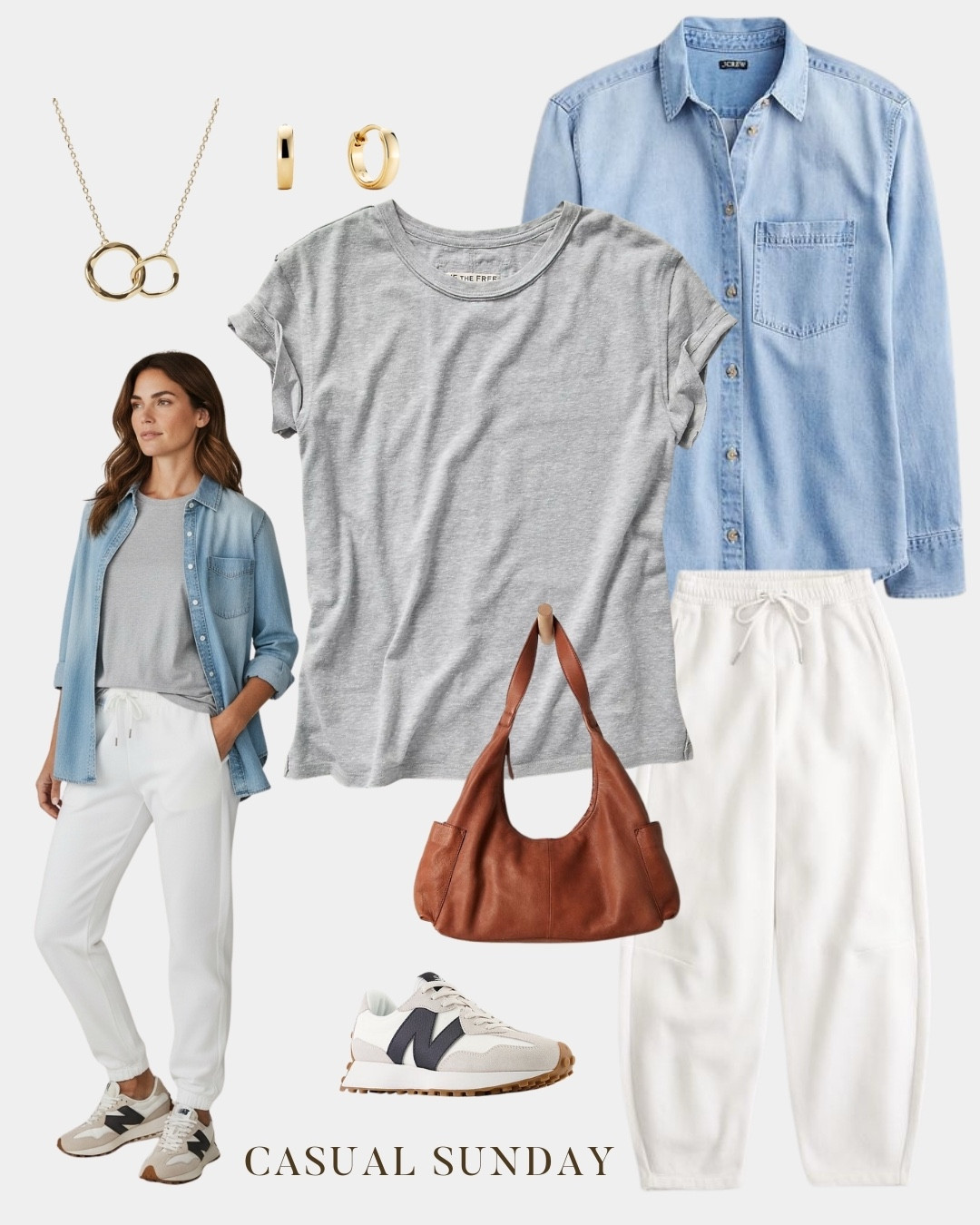 Day 1 of One Capsule, 10 Outfits. White joggers, a gray tee, and a denim shirt worn open as a layer. Comfortable, put together, and easy to wear at any age. The @abercrombie  spring sale is still live — get 25% off exclusively through my LTK storefront through Sunday.