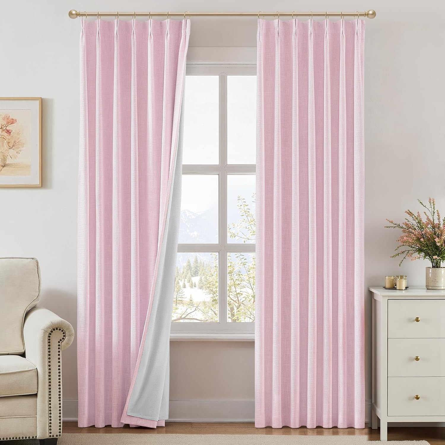HOMEIDEAS Baby Pink Pinch Pleated Curtains 100% Blackout, Linen Blend Noise Reduction Thermal Ins... | Amazon (US)