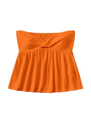 SHENHE Women's Twist Front Eyelet Embroidery Ruffle Hem Tube Top Boho Bandeau Top Orange Large | Amazon (US)