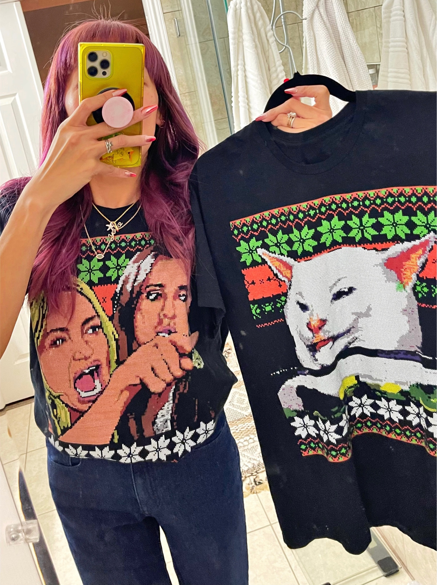 For the bravo reality TV obsessed bestie - gift your favorite real housewife these ugly sweater tshirts. These are the “woman yelling“ and smug cat Smudge, the background of both shirts is matching black with red green and white Christmas sweater print. The print is quite detailed and looks like real woven yarn. I chose to get these shirts in men’s medium on me and large for the cat shirt. These run large, size down between sizes. Perfect for your couples, matching ugly sweater Christmas party. 

#LTKGiftGuide #LTKHoliday #LTKparties