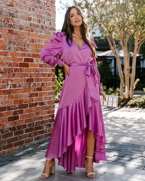 Irresistible Desire Satin Ruffle Maxi Dress - Fuchsia | VICI